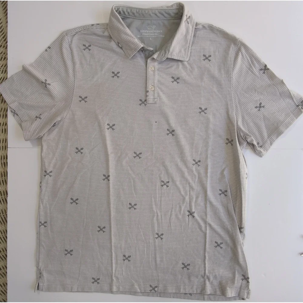 Vineyard Vines Edgartown Polo Shirt Mens L Gray Striped Crossed Fish Pima Blend
